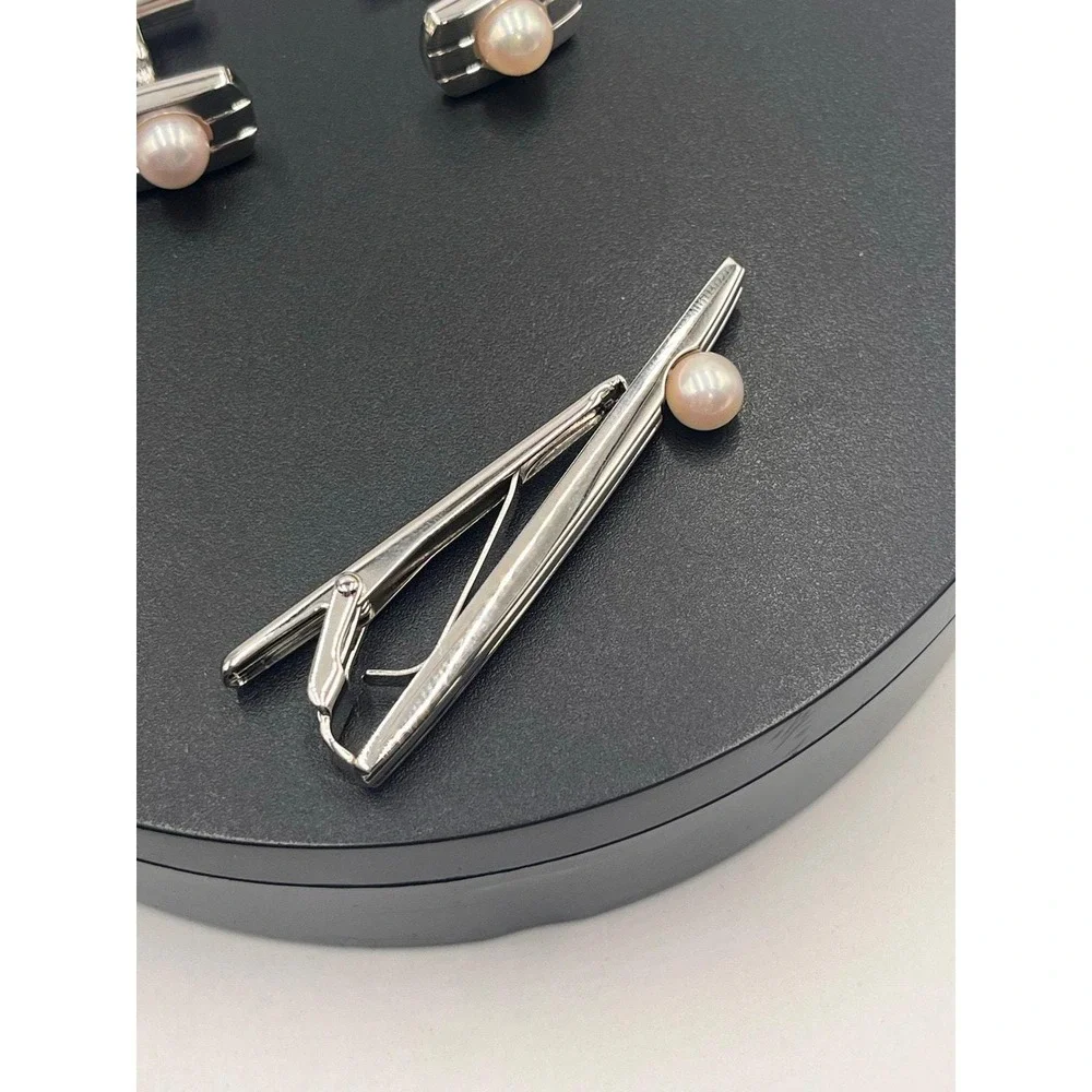 Japanese Vintage Akoya Pearl Tie Clip Cuff Link Set 2013 Japan 10k Gold Plated
